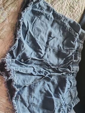 Time and Tru Light Blue High Waist Frayed Denim Shorts